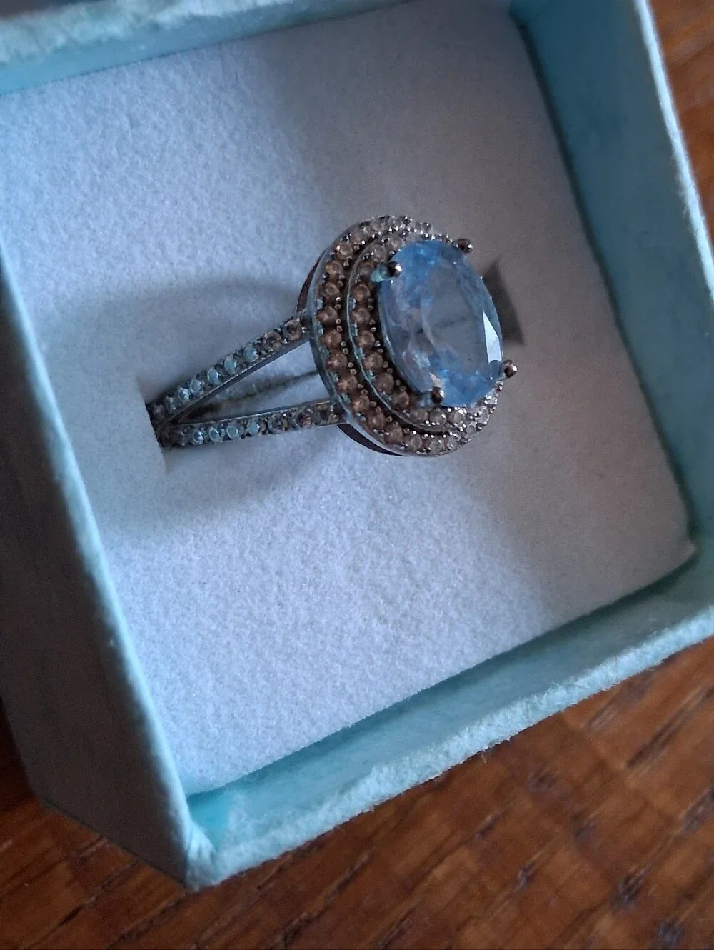 Sterling Silver Blue Gem Halo Ring - Blue